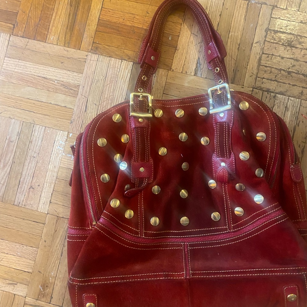 Sude real leather oversized Stylish Red Hardwear grommets Studded Handbag